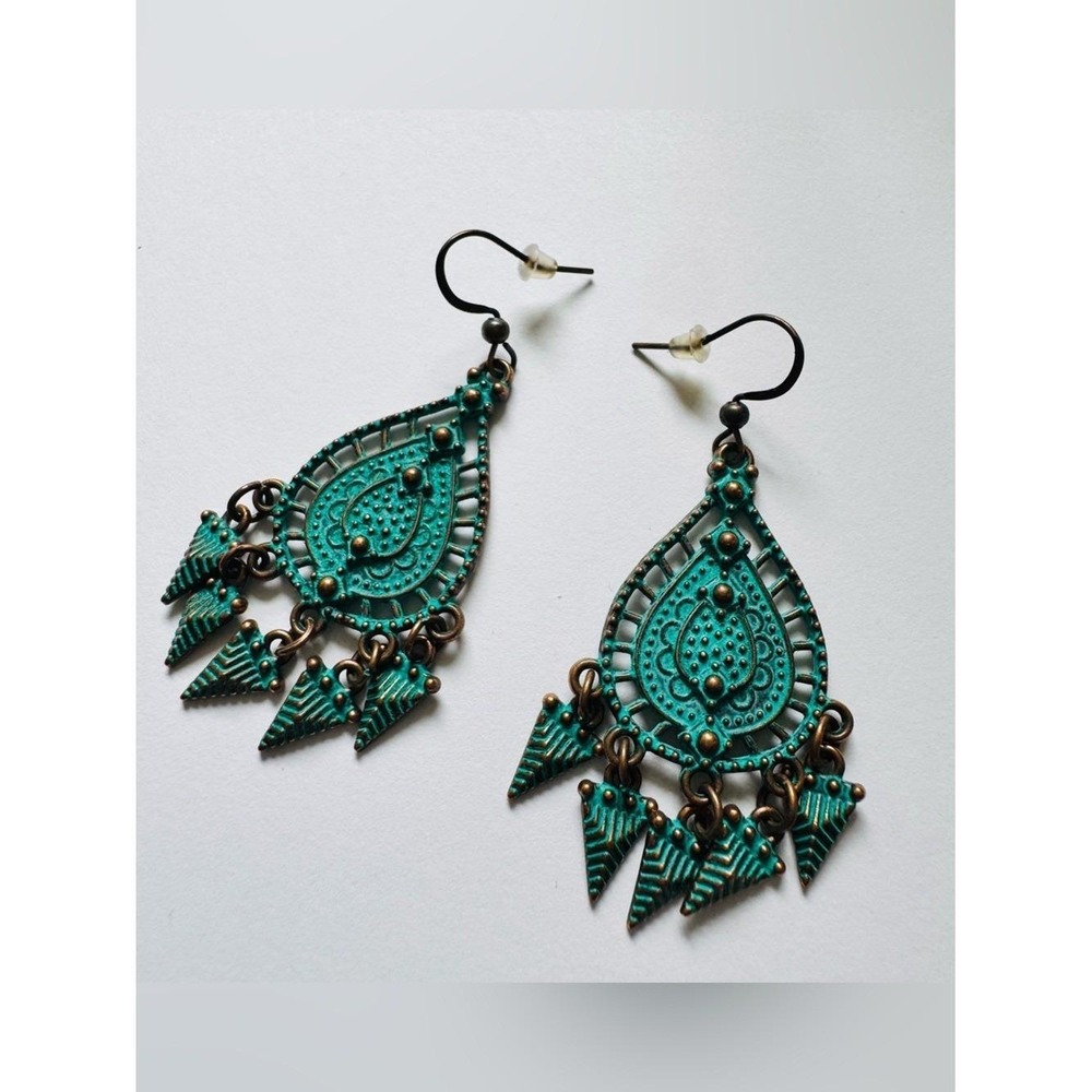 Bohemian Teardrop Filigree Dangle Earrings - Turquoise Green